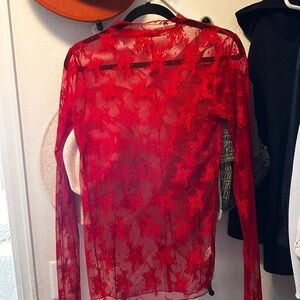 Free People Red Sheer Long Sleeve Blouse